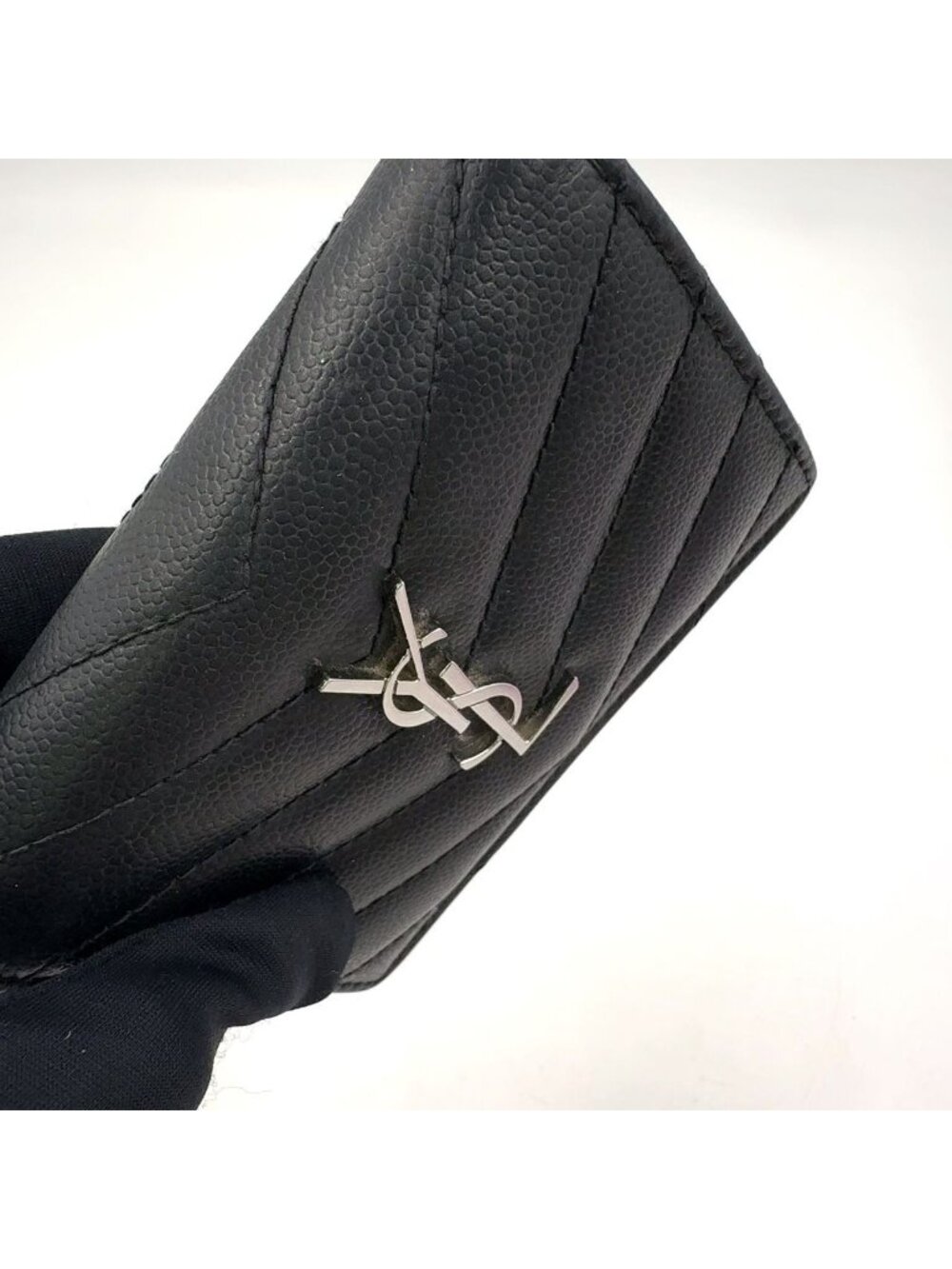 Saint Laurent Paris YSL Stitch Compact Fold Wallet Leather Black Silver - Picture 14 of 15